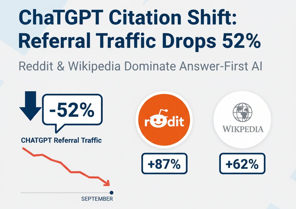 ChatGPT citations showing Reddit 87% increase and Wikipedia consolidation affecting referral traffic patterns