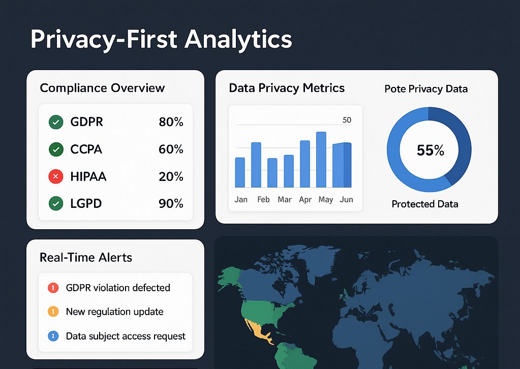 Privacy-first analytics compliance dashboard monitoring international regulations and tracking