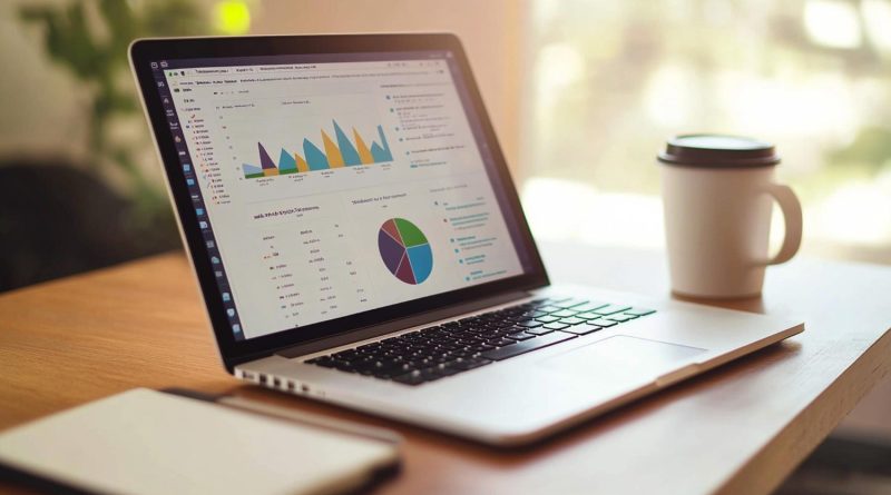 Analytics dashboard on laptop showing charts and data visualization for AI chatbot traffic tracking
