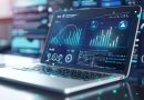 Business intelligence dashboard on laptop showing analytics data and tracking metrics