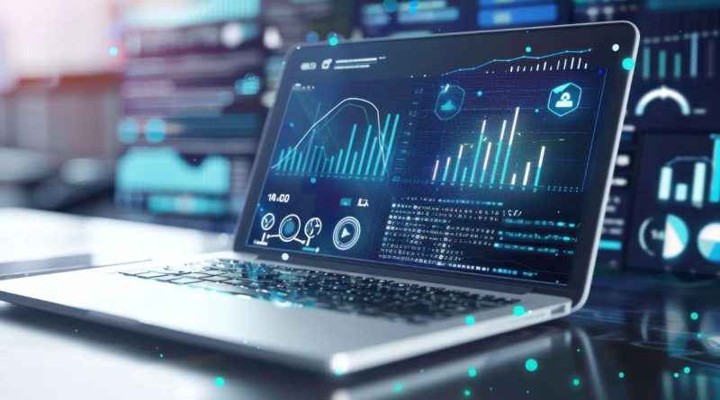 Business intelligence dashboard on laptop showing analytics data and tracking metrics