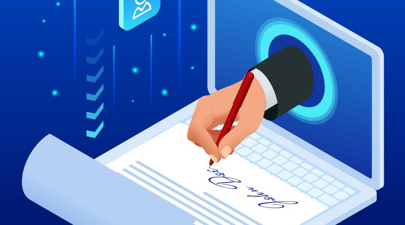 Isometric illustration of a laptop with digital signature representing AI agent authorization for cloud account provisioning