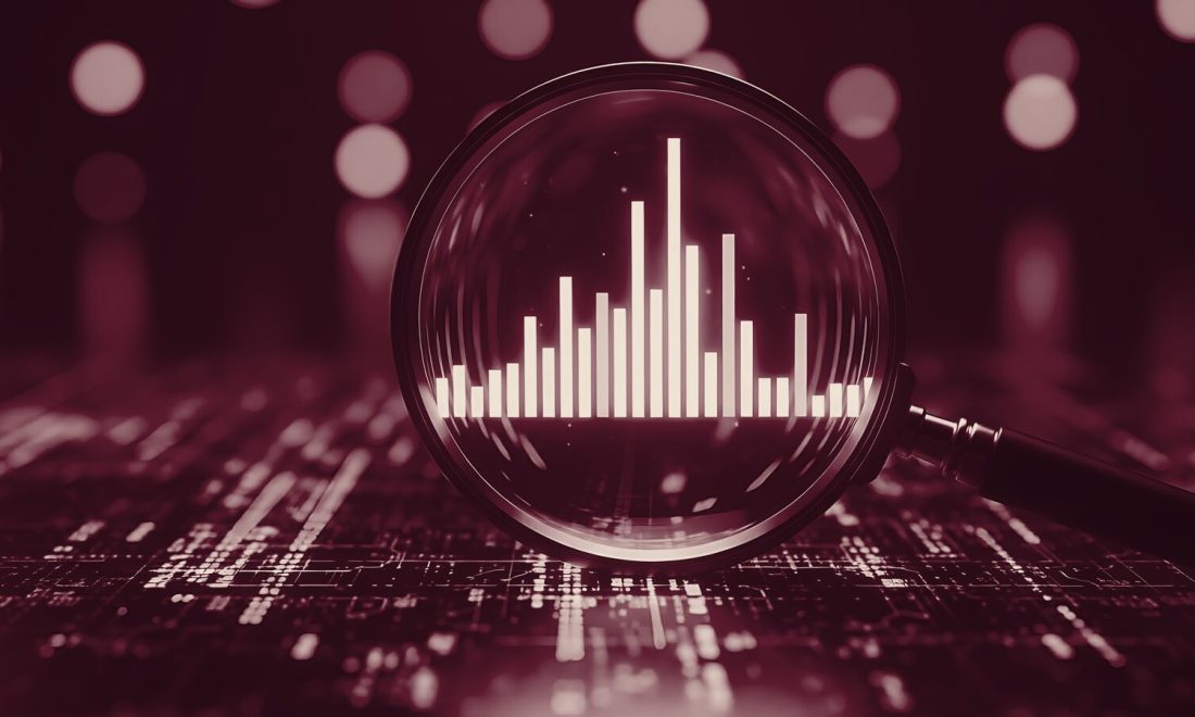 A magnifying glass examining a data chart, rendered in wine tones, representing incrementality measurement of advertising inside LLMs