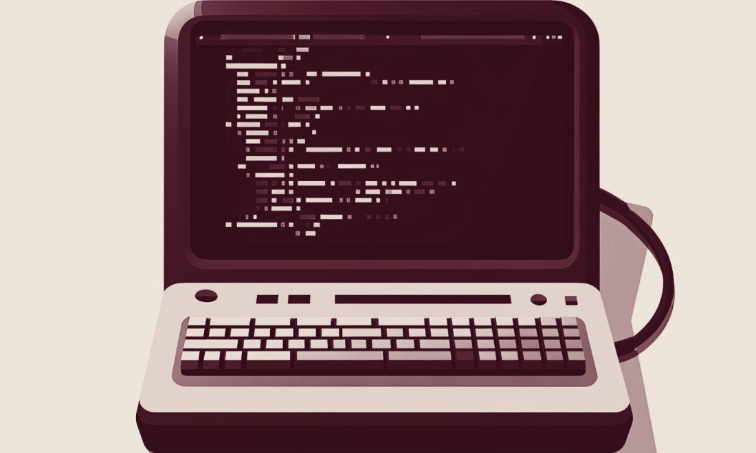 Wine-toned illustration of a terminal displaying code, representing open model weights released under license