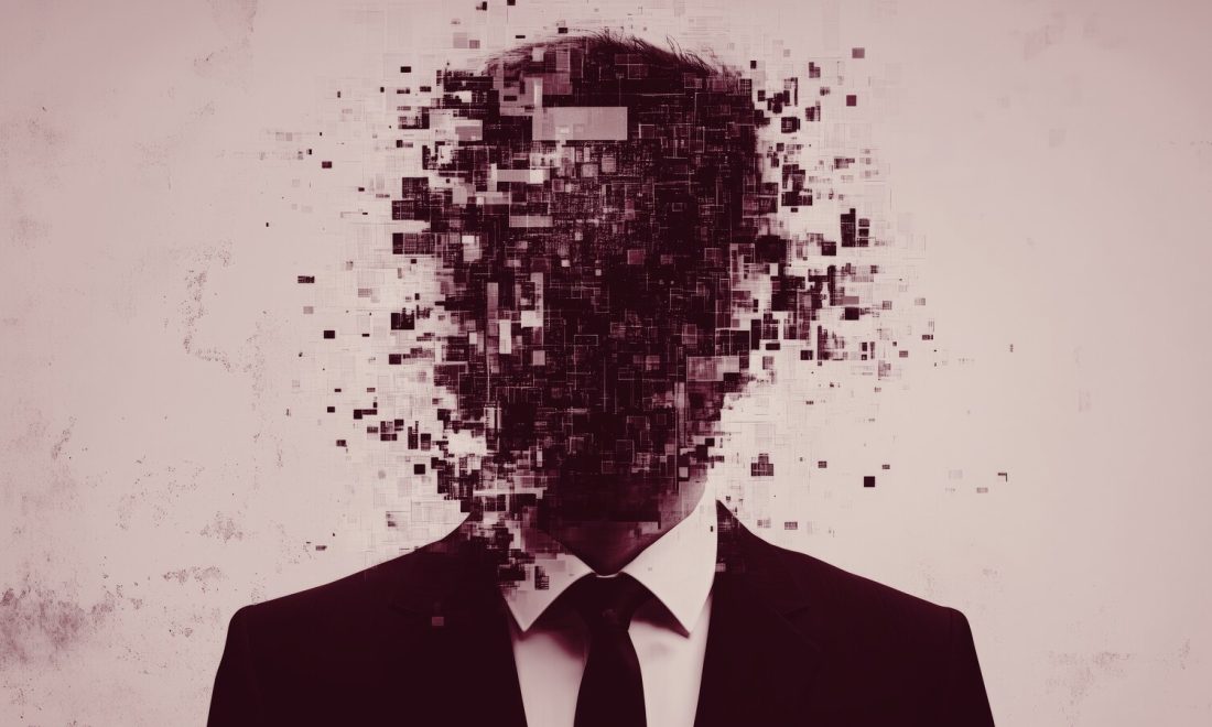 Suited figure whose face breaks apart into scattered digital fragments, in deep wine tones