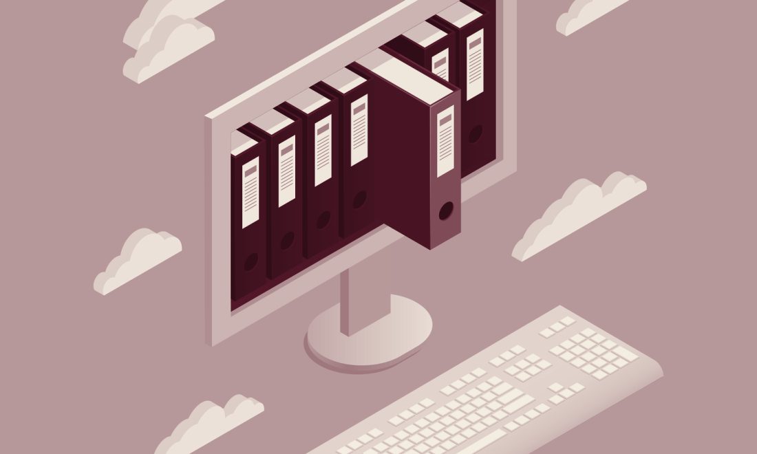 Isometric monitor showing a row of archive binders with one pulled forward, wine and parchment tones