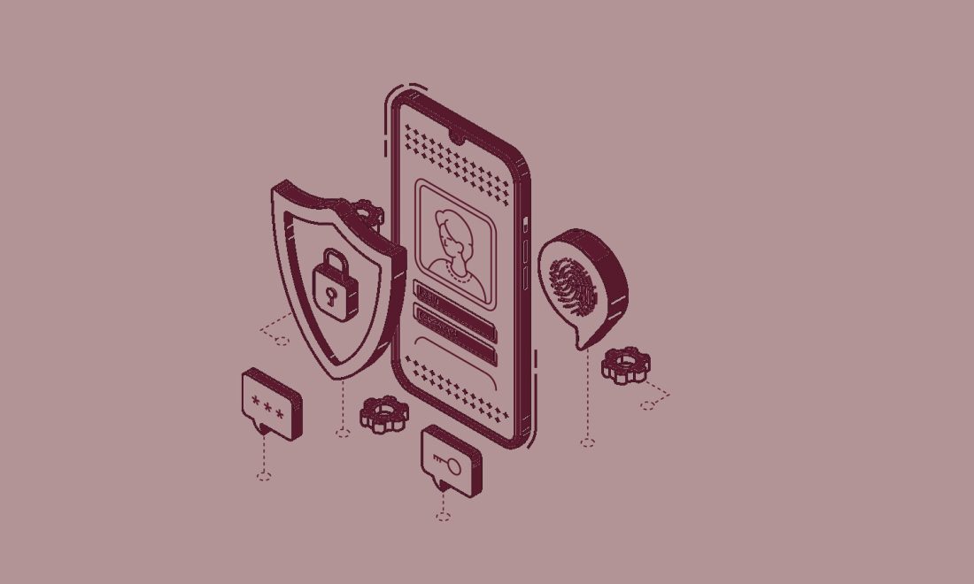 Isometric illustration of a smartphone surrounded by personal data, identity and lock icons