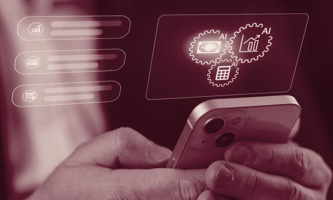 Hands holding a smartphone with floating AI update cards, illustrating Google AI Mode monitoring alerts