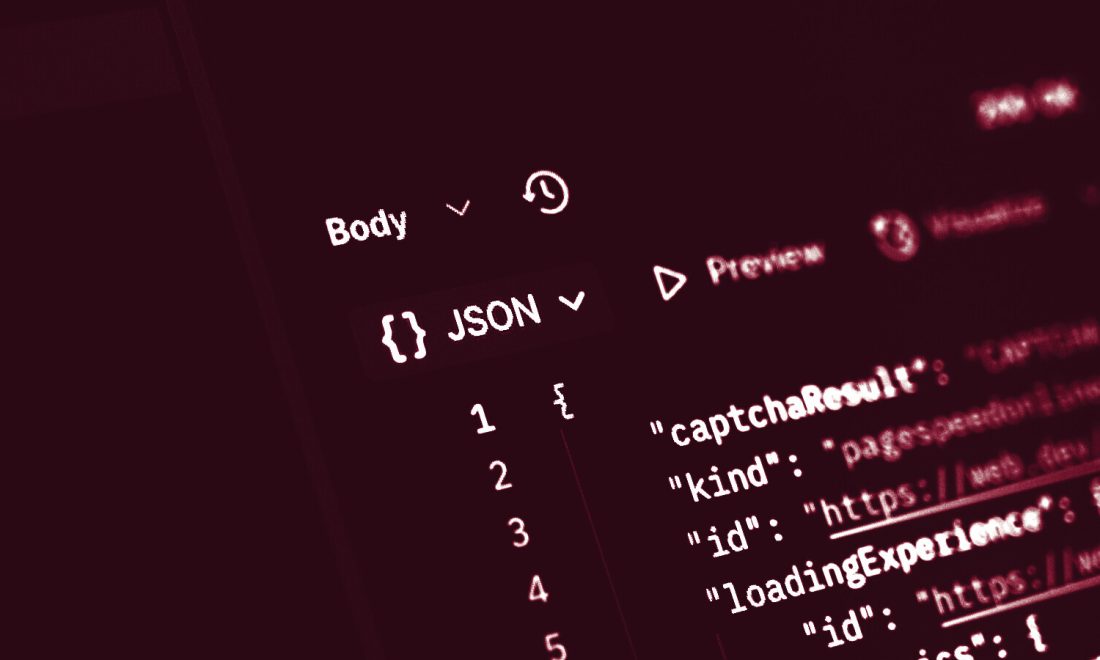 Close-up of a JSON response body on a dark screen showing named data fields