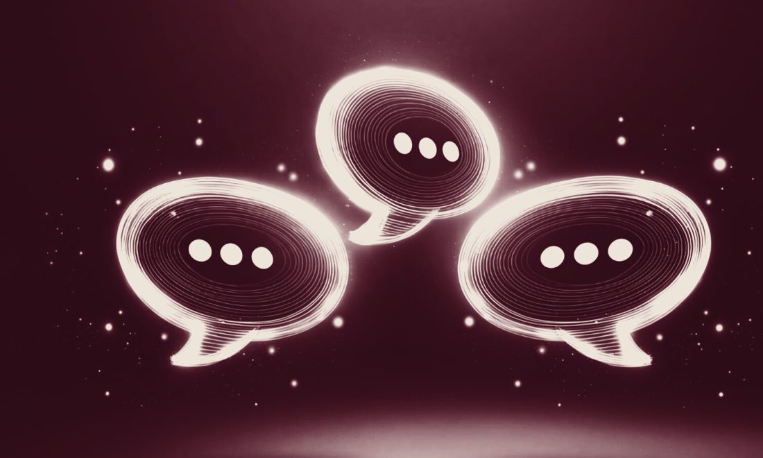 Three glowing speech bubbles with typing dots in a wine duotone, standing for the background searches a chatbot runs before it answers.