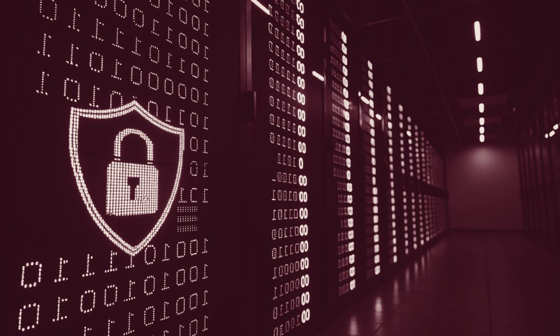 Server racks in a data center with a glowing padlock shield and binary digits, toned in wine red