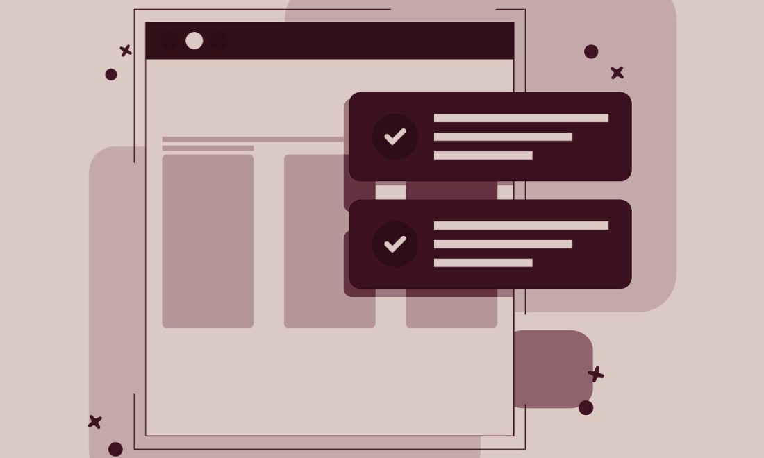 Illustration of a browser window with two ticked settings panels, rendered in wine tones