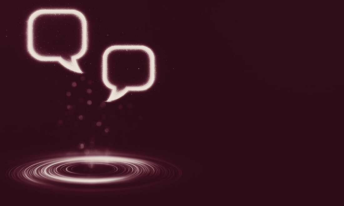 Two glowing speech bubbles rising from a light ring, in wine and parchment tones