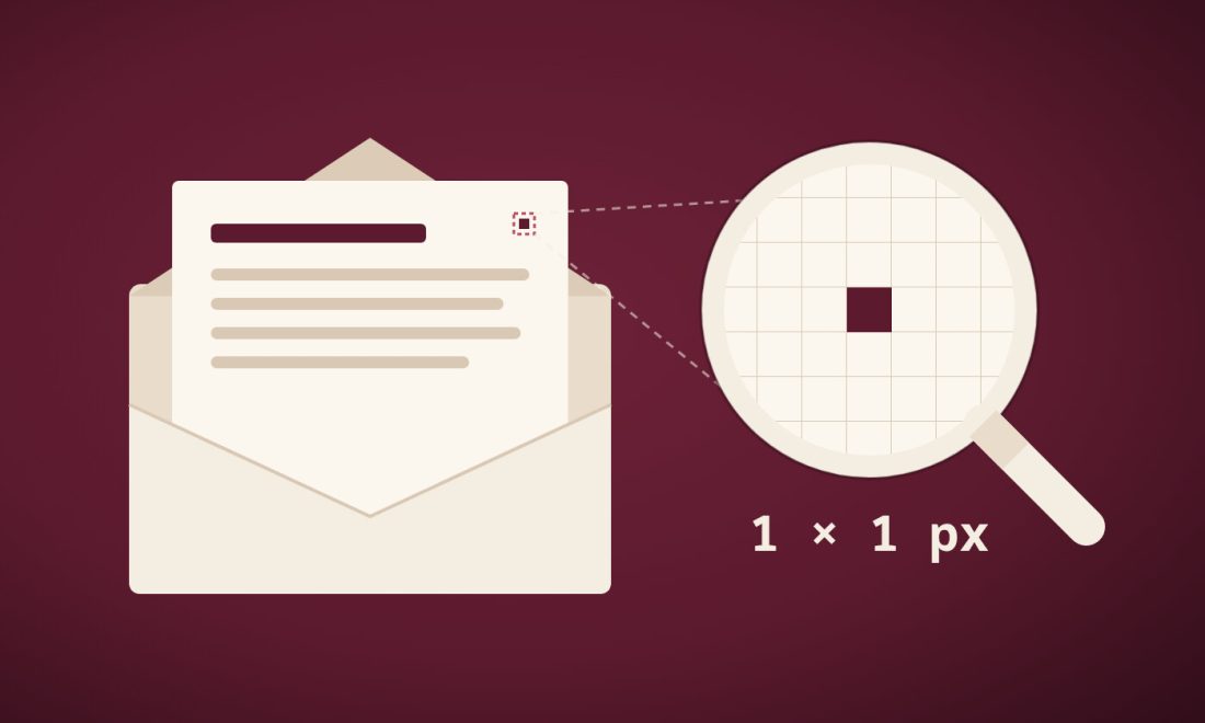 Open envelope with a letter; a magnifying glass enlarges a single tracking pixel from its corner