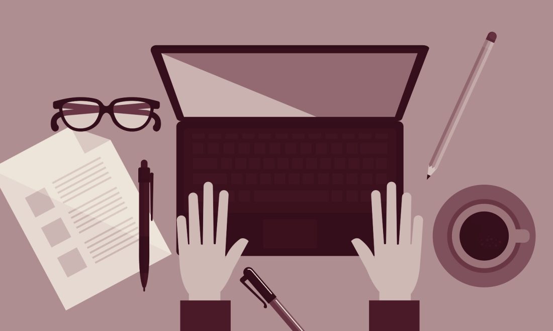 Wine-toned illustration of hands at a laptop beside a checklist document, glasses, pens and coffee, suggesting a review of updated terms