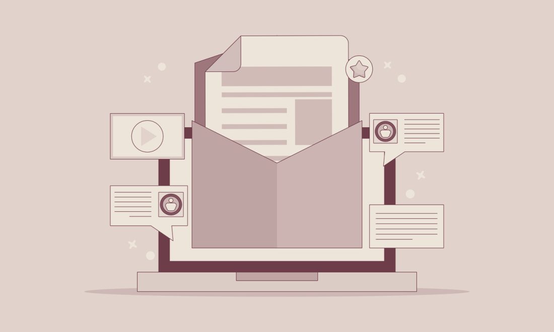 Wine-toned illustration of an open envelope with a newsletter on a laptop screen, surrounded by message cards