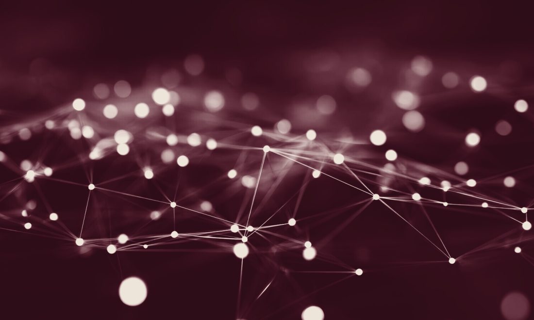 Network of connected nodes, illustrating data relayed to many companies in real-time bidding